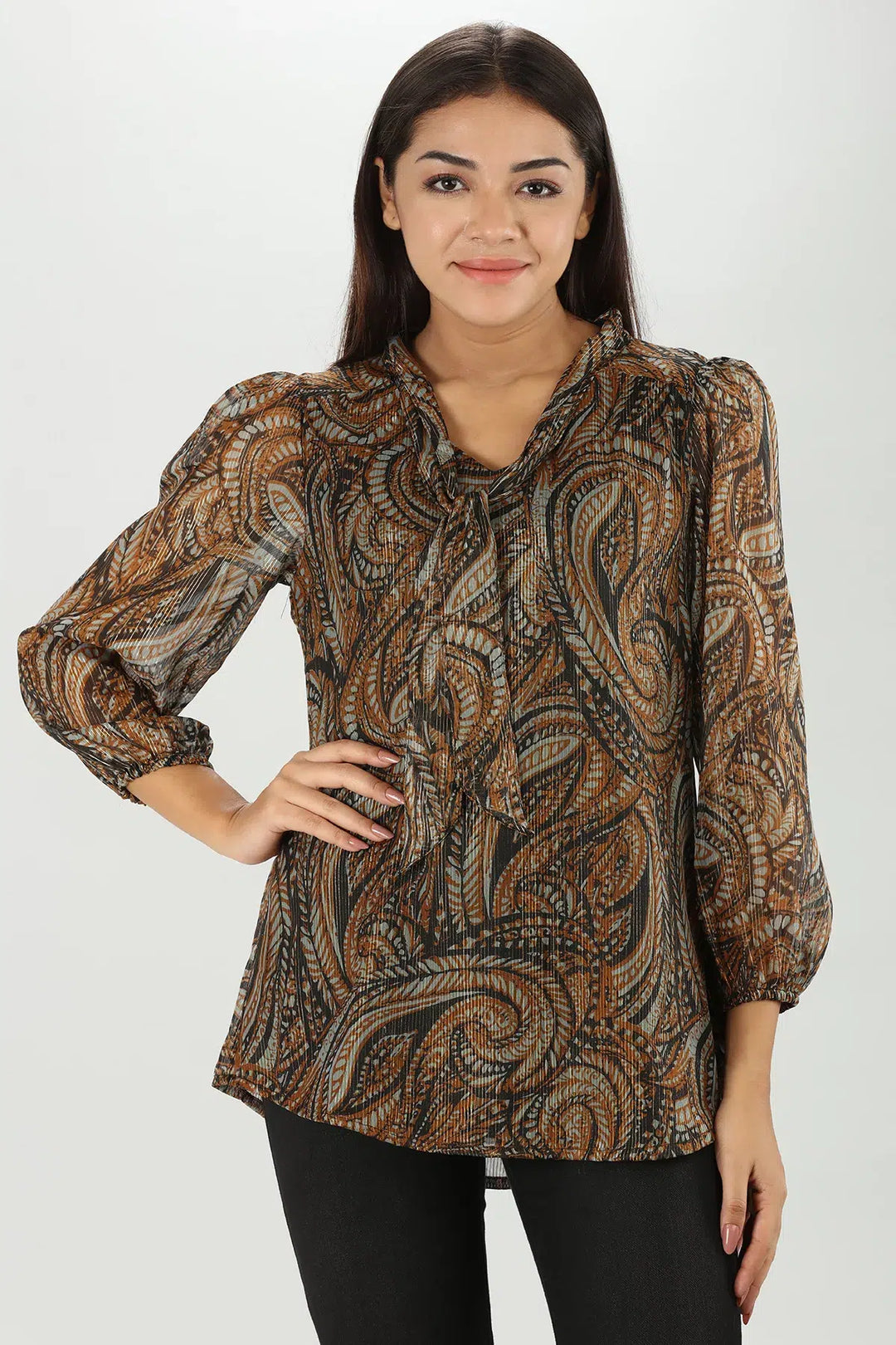 Brown Abstract Lurex Chiffon Top