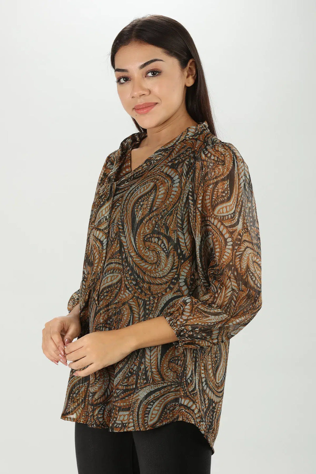Brown Abstract Lurex Chiffon Top
