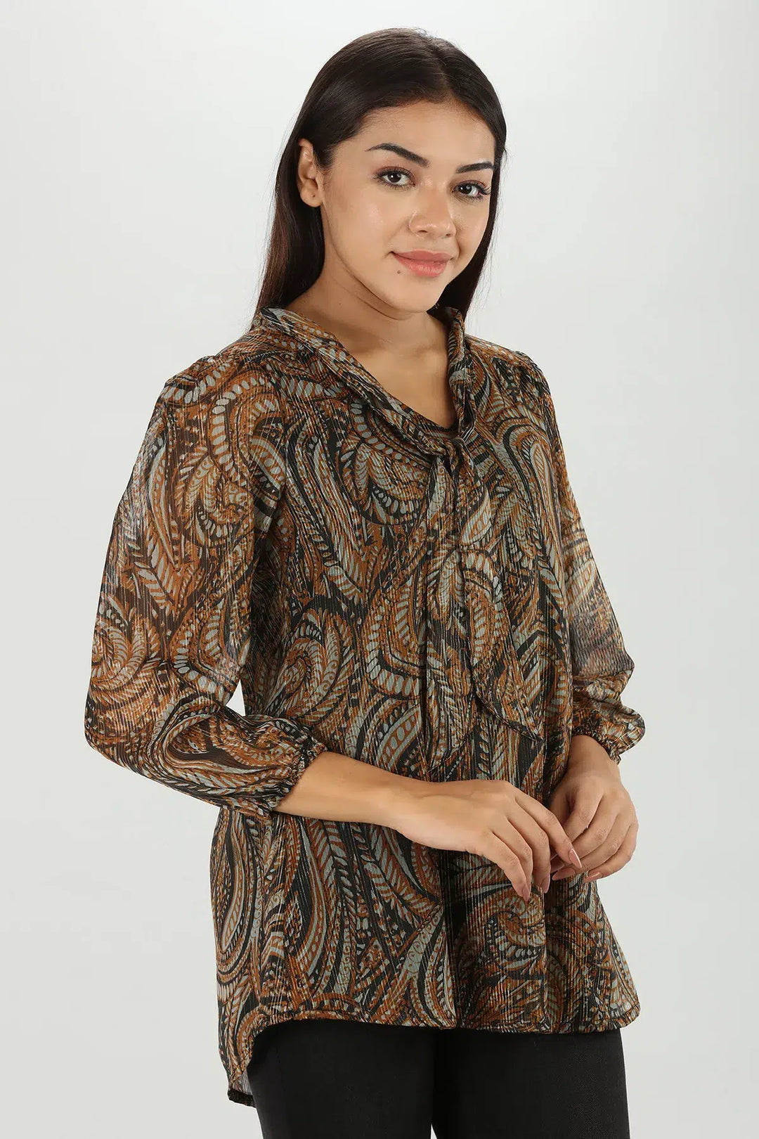 Brown Abstract Lurex Chiffon Top