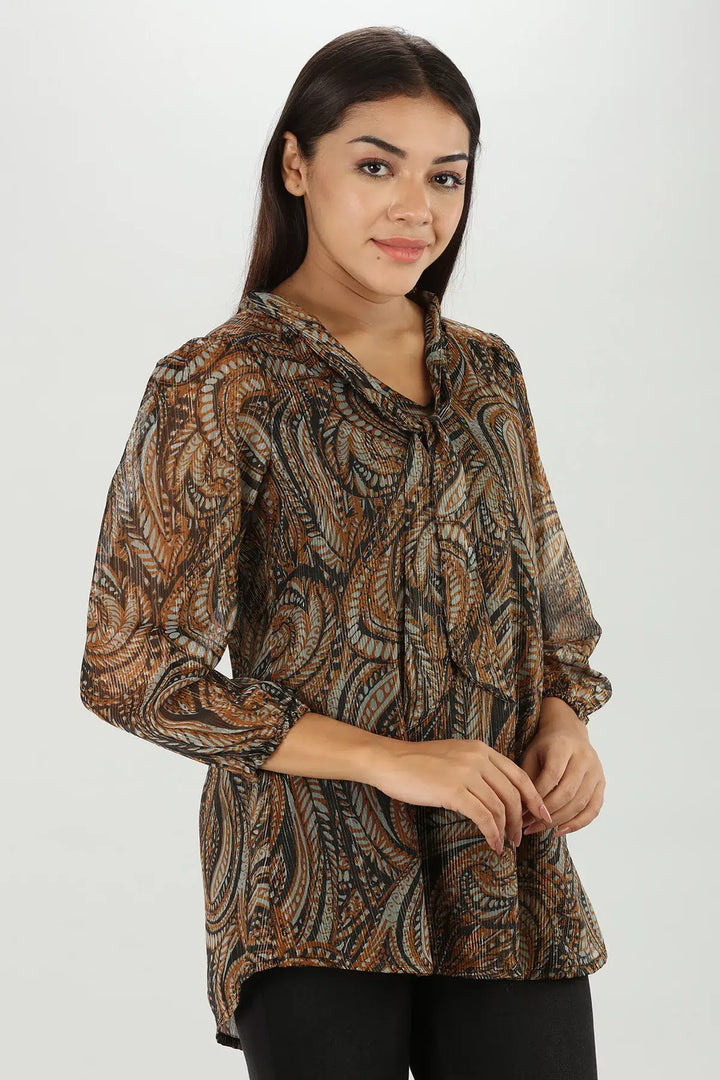 Brown Abstract Lurex Chiffon Top