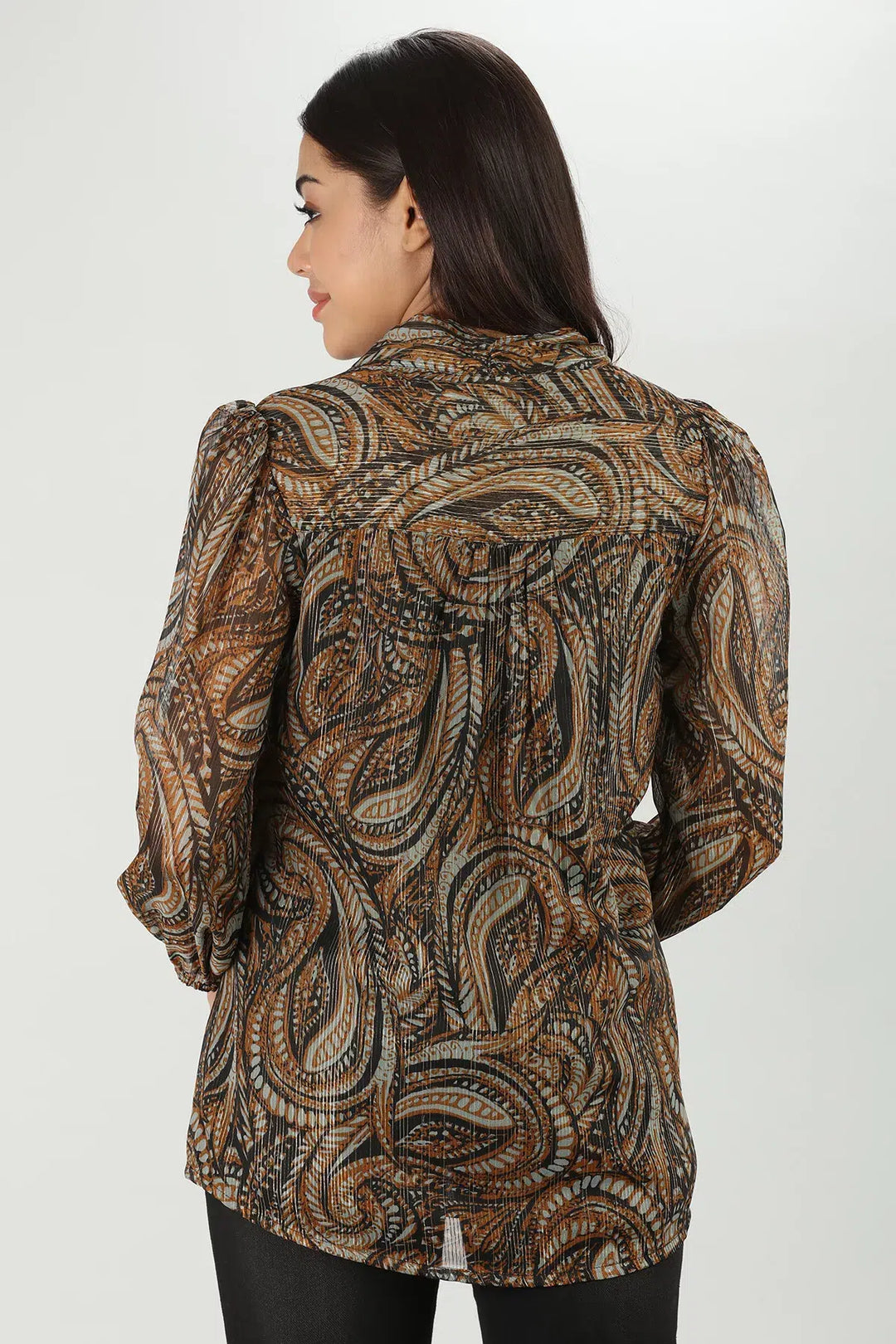 Brown Abstract Lurex Chiffon Top