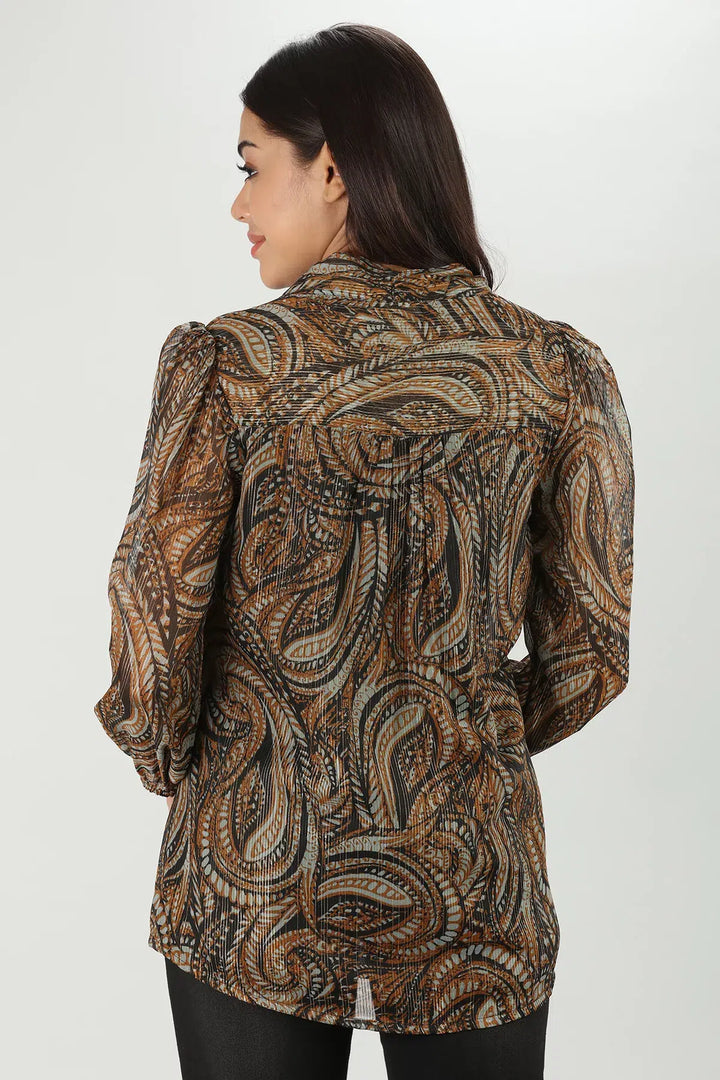 Brown Abstract Lurex Chiffon Top