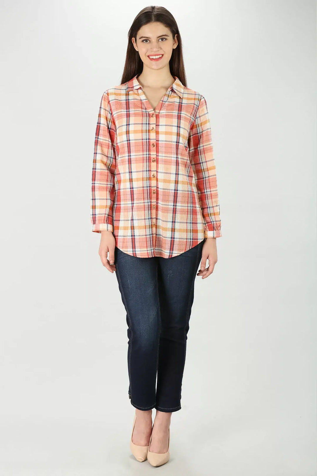 Peach Checkered collar shirt