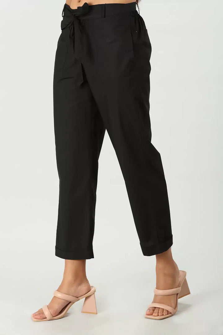 Black Solid Cotton Pant