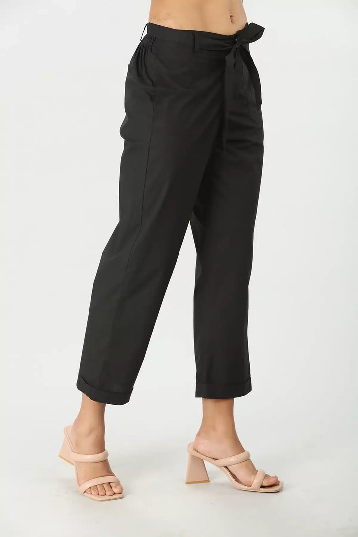 Black Solid Cotton Pant