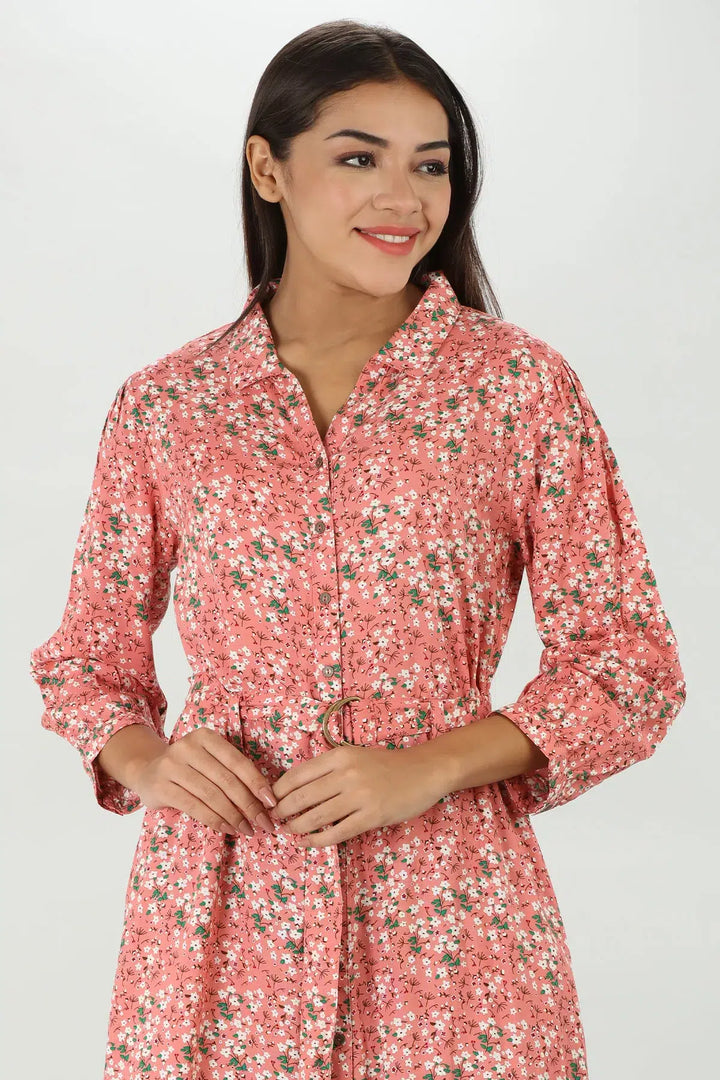 Pink Printed Collared Dress