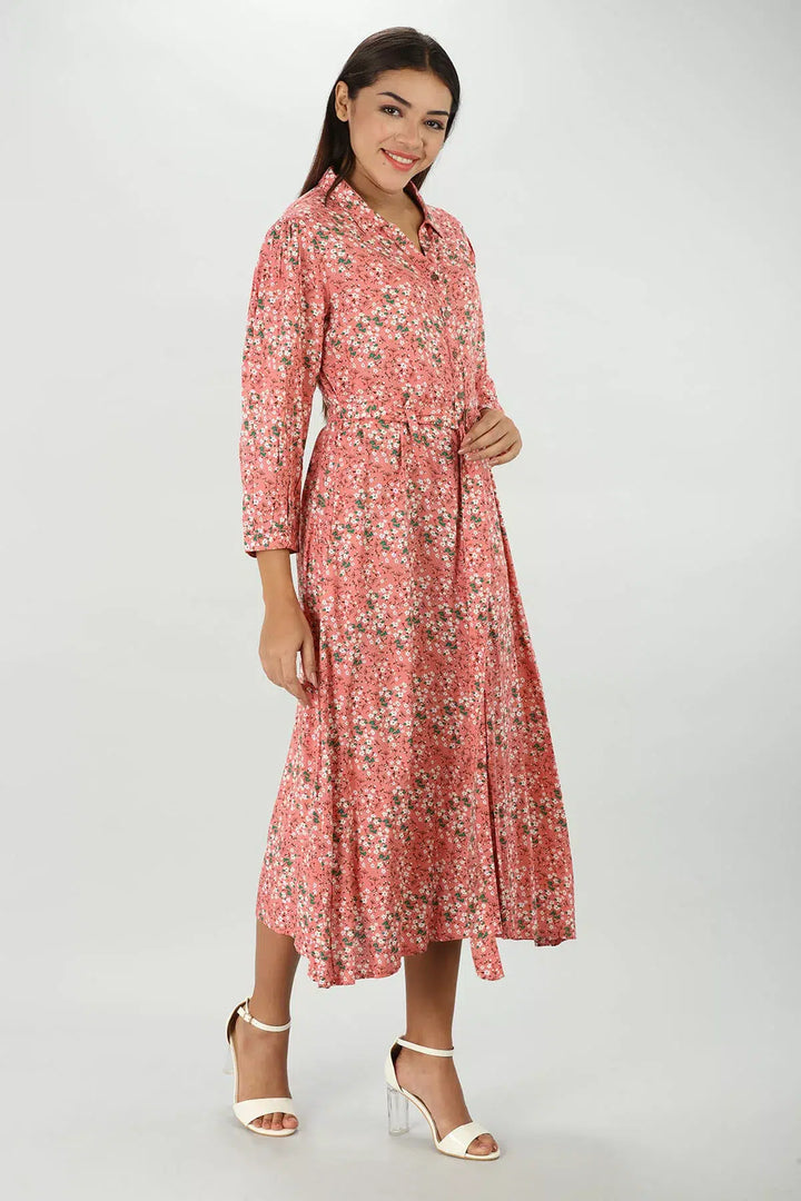 Pink Printed Collared Dress
