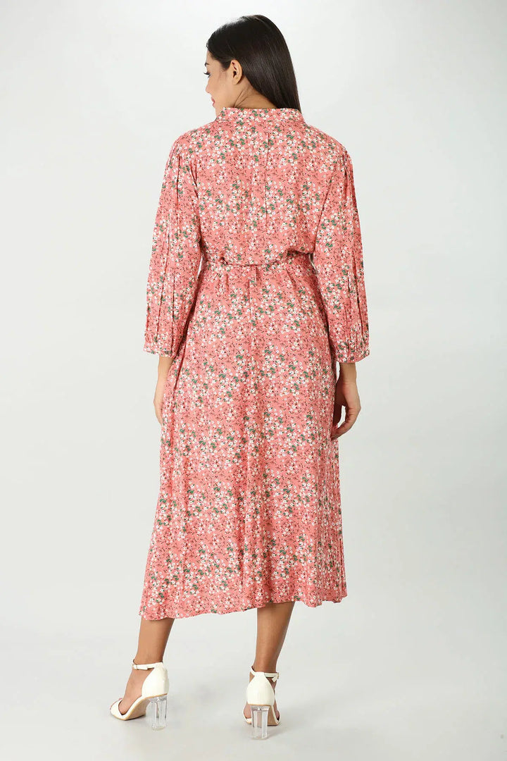 Pink Printed Collared Dress