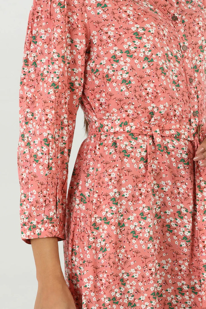 Pink Printed Collared Dress