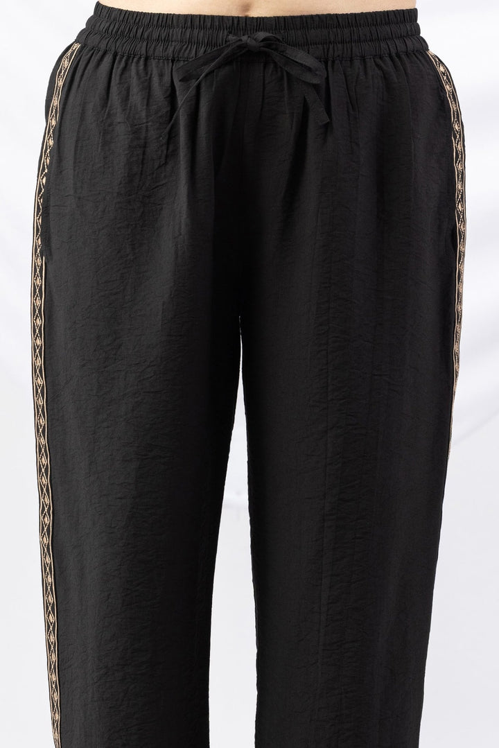 Black Embroidered Viscose Crush Regular Fit Co-Ord Palazzo