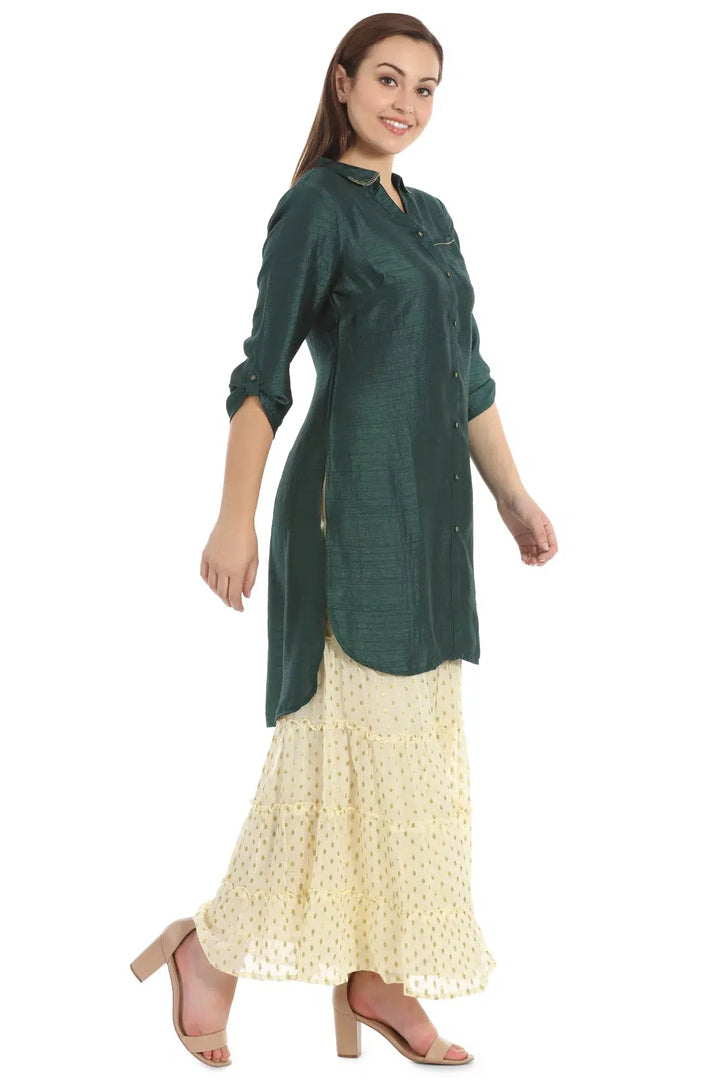 Dark Green Noble Silk Solid Tunic