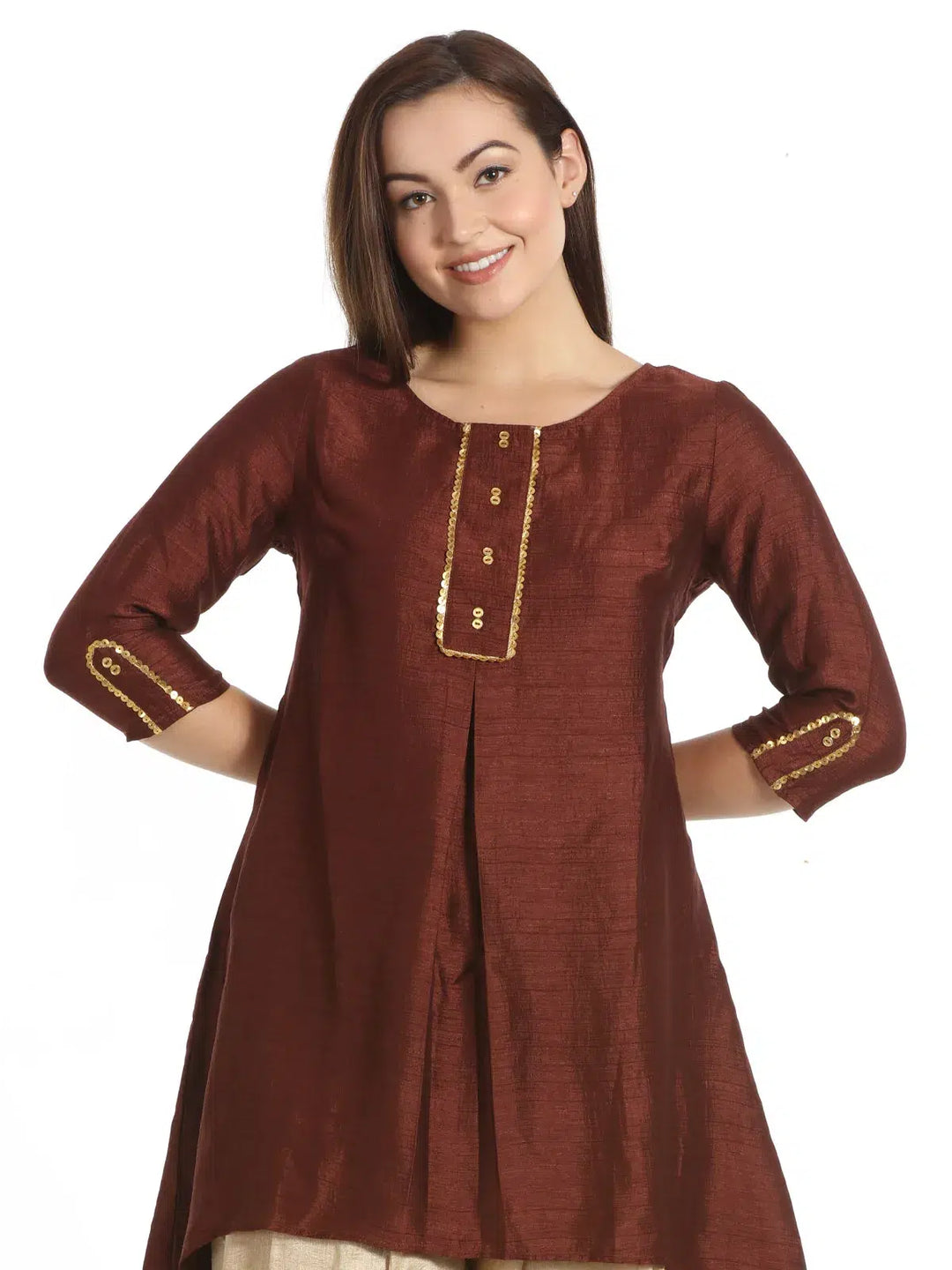 Brown Silk A-line Solid Tunic