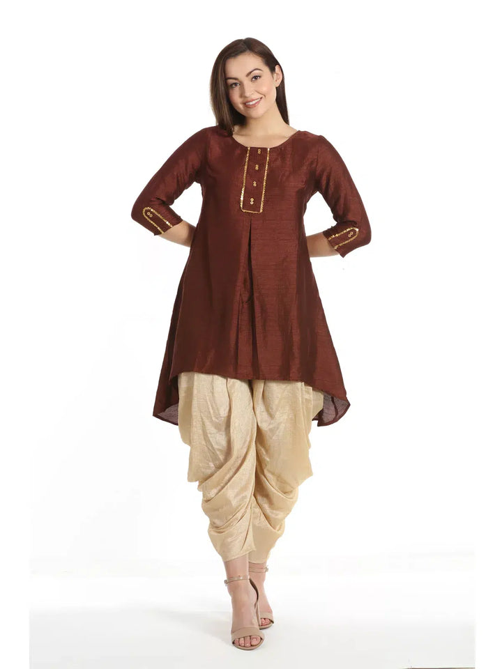 Brown Silk A-line Solid Tunic