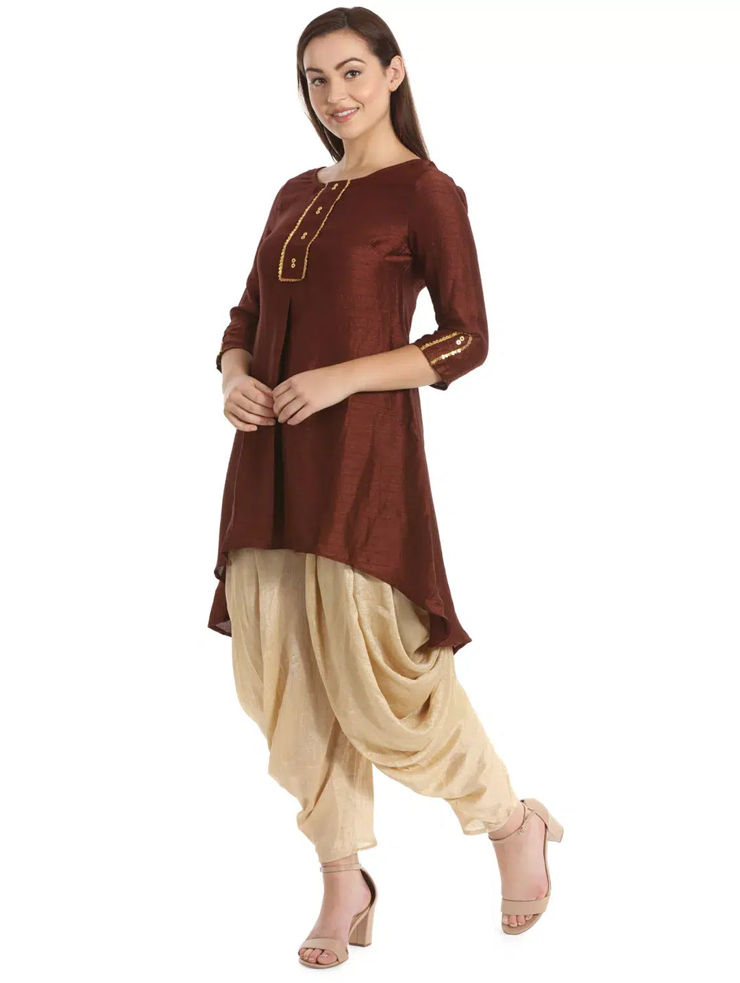 Brown Silk A-line Solid Tunic