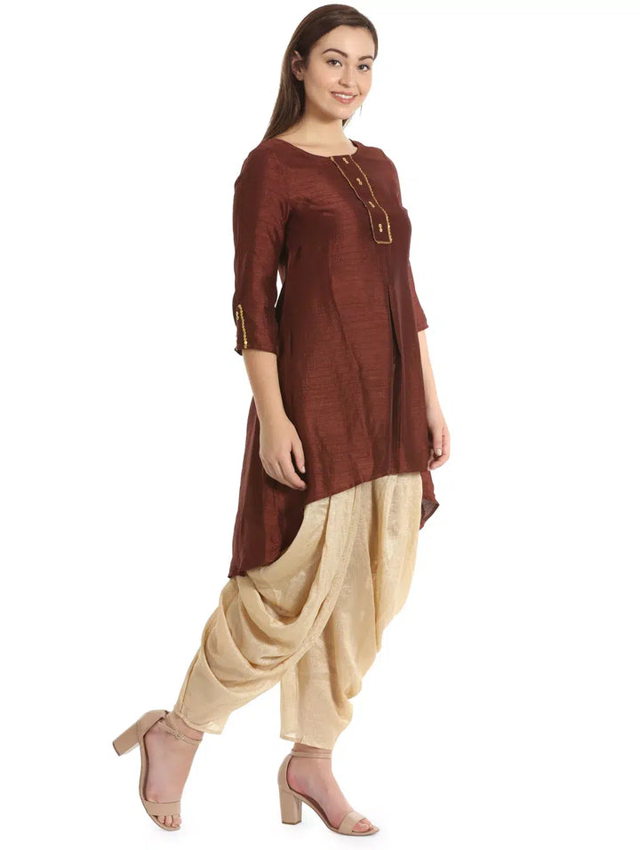 Brown Silk A-line Solid Tunic