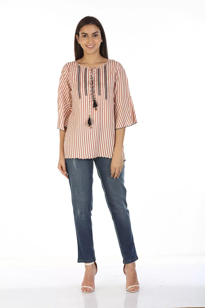 Rayon Striped Top with Bell Sleeves (Beige)