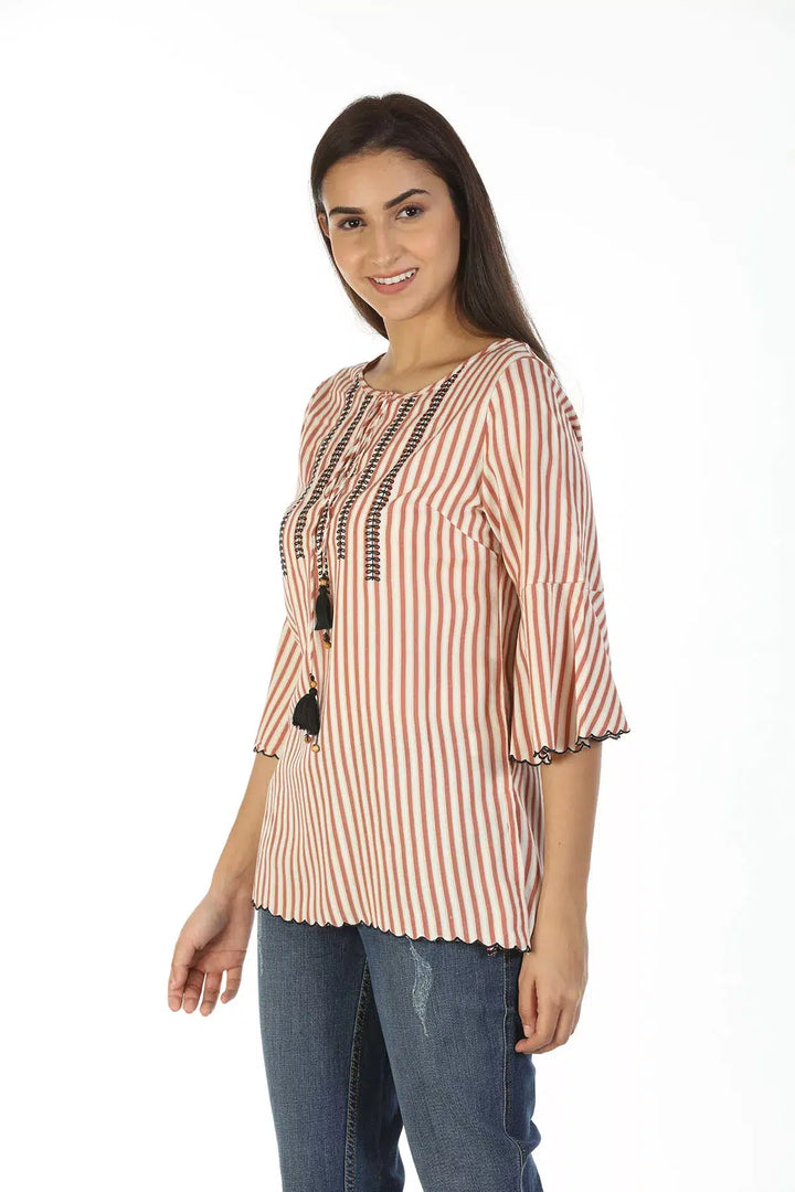 Rayon Striped Top with Bell Sleeves (Beige)