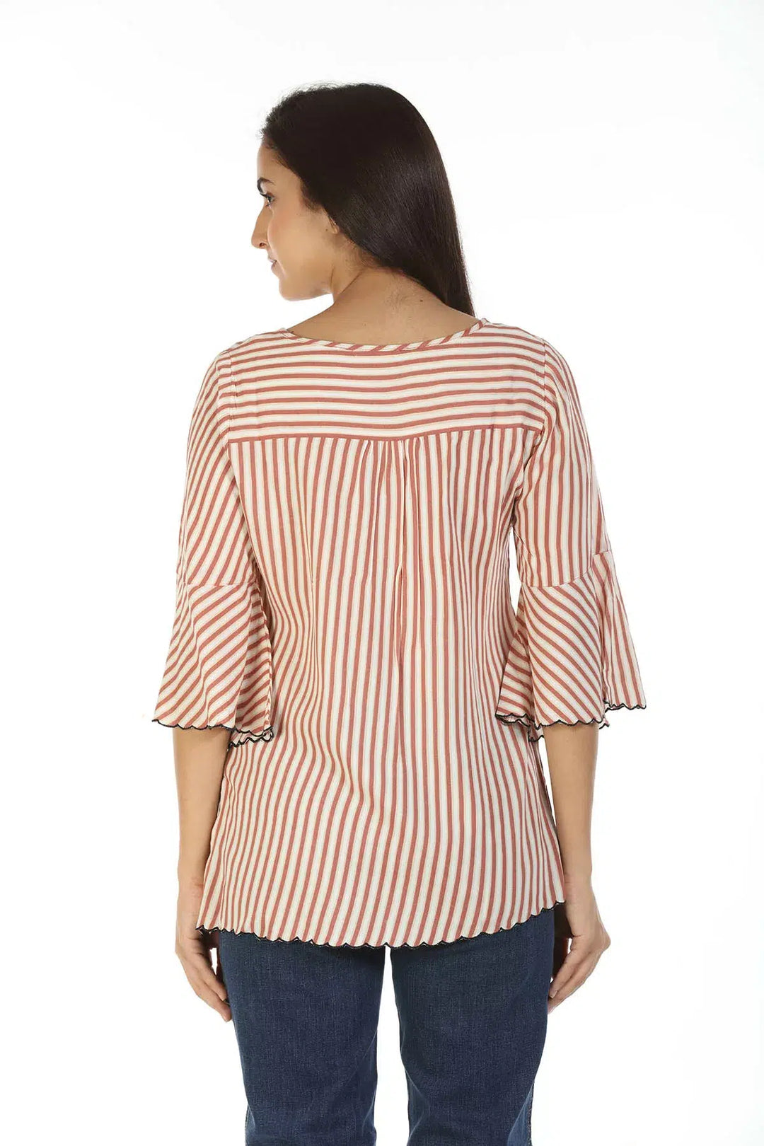 Rayon Striped Top with Bell Sleeves (Beige)