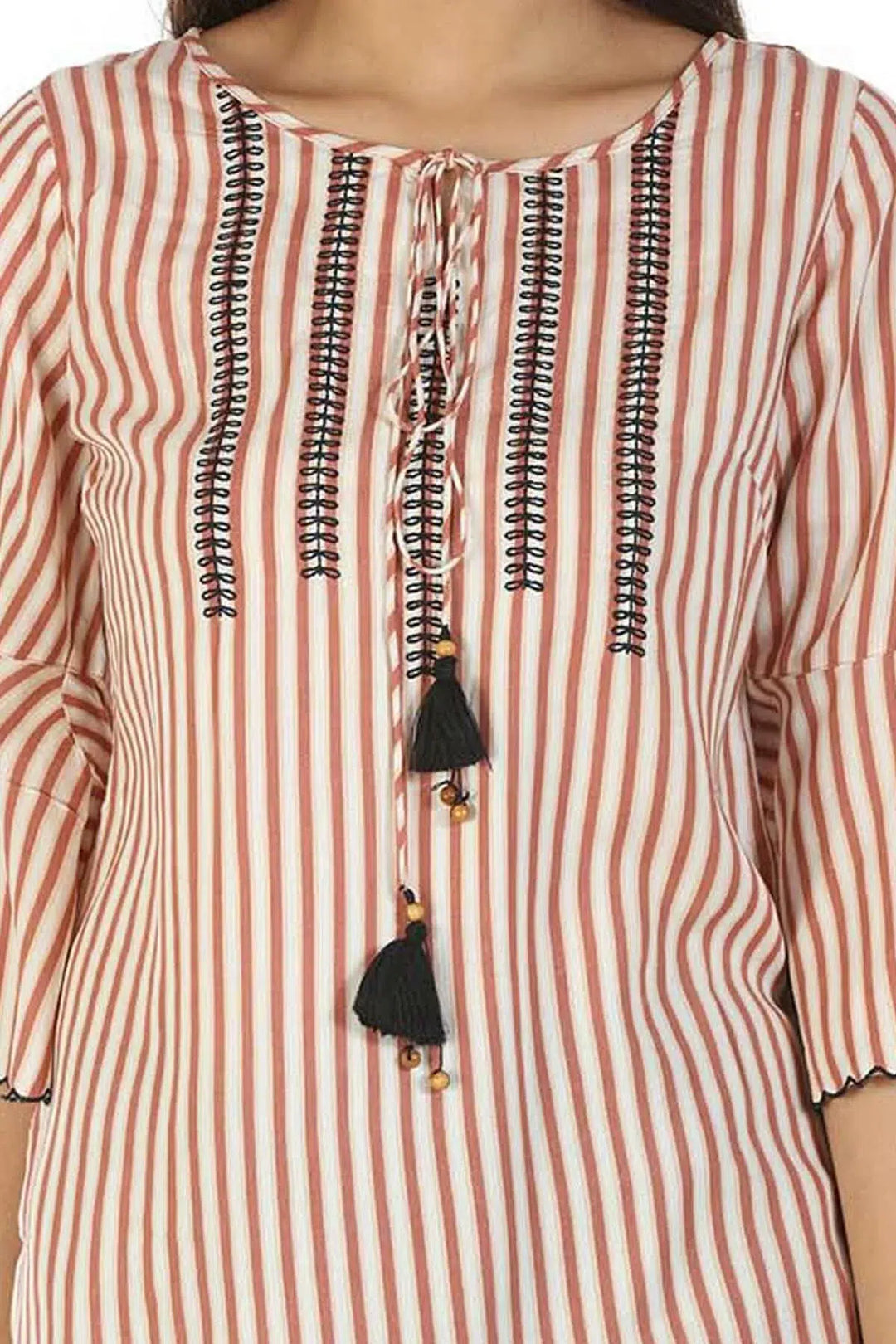 Rayon Striped Top with Bell Sleeves (Beige)