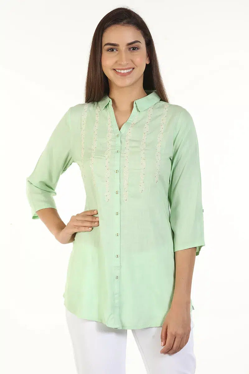 Mint Green Embriodered Shirt with Collar