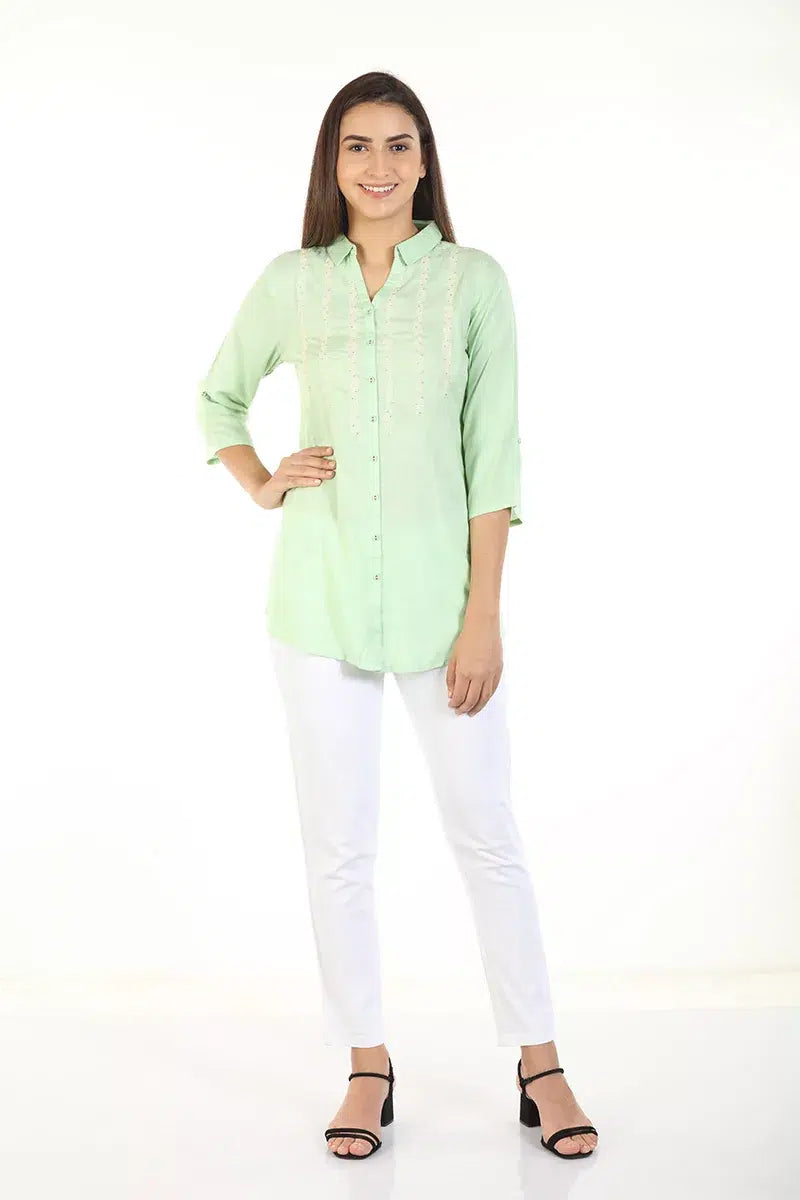 Mint Green Embriodered Shirt with Collar