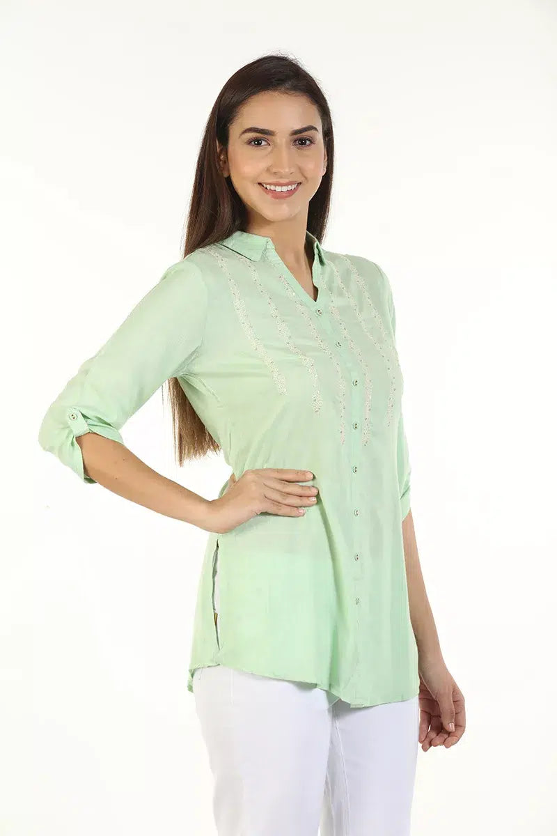 Mint Green Embriodered Shirt with Collar