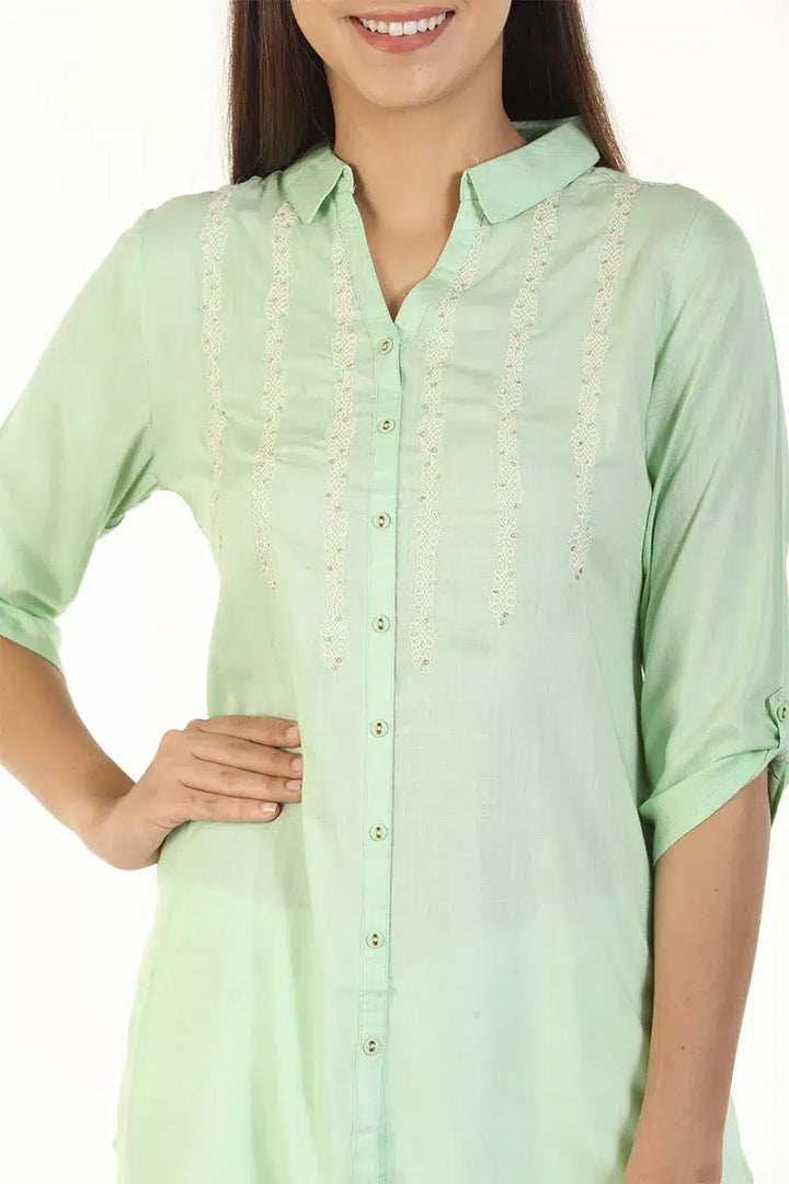 Mint Green Embriodered Shirt with Collar