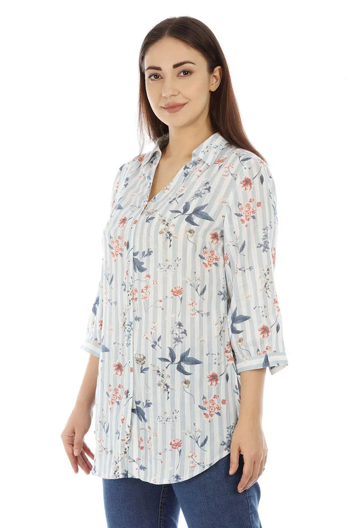 White And Light Grey Striped Printed Viscose Top
