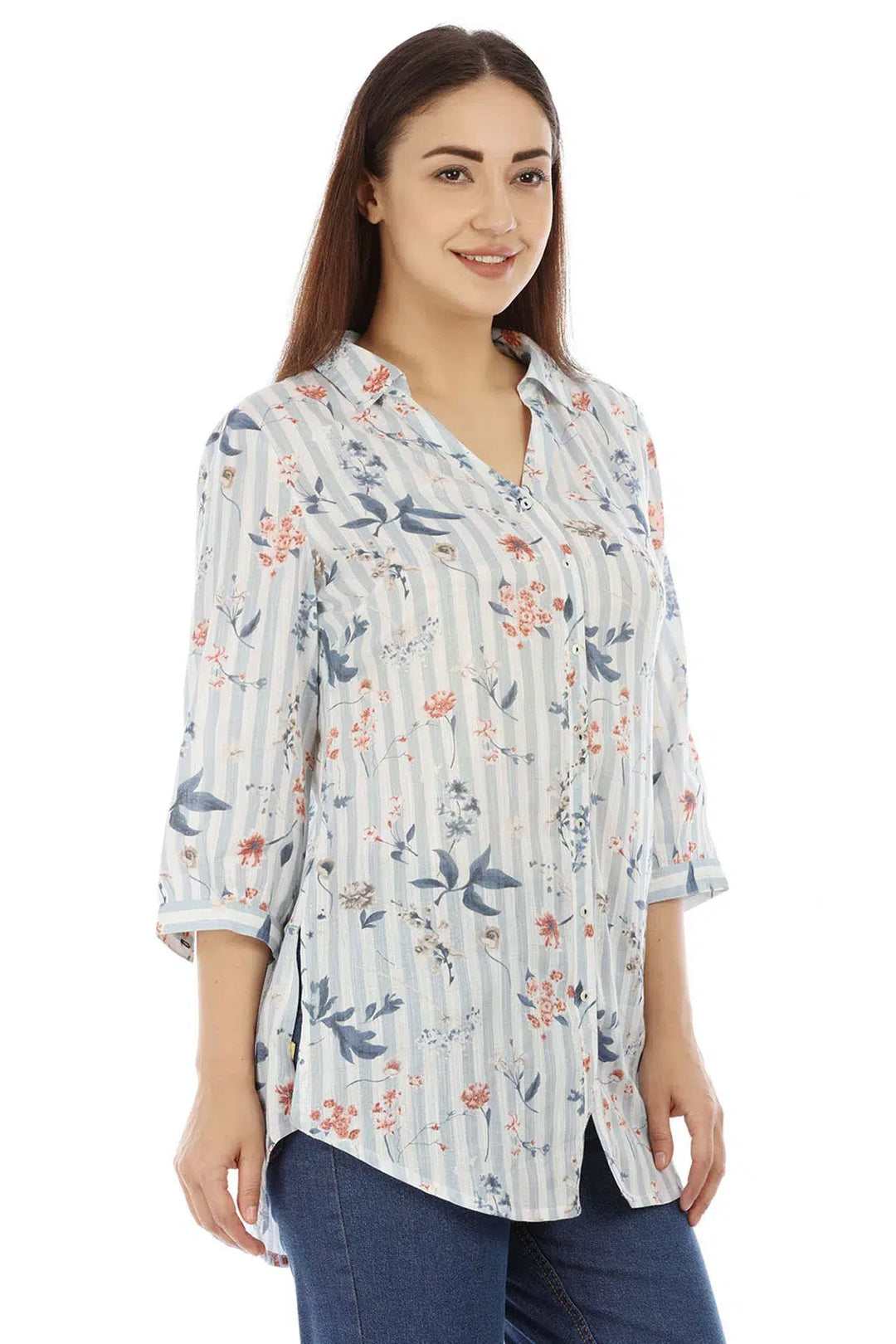 White And Light Grey Striped Printed Viscose Top