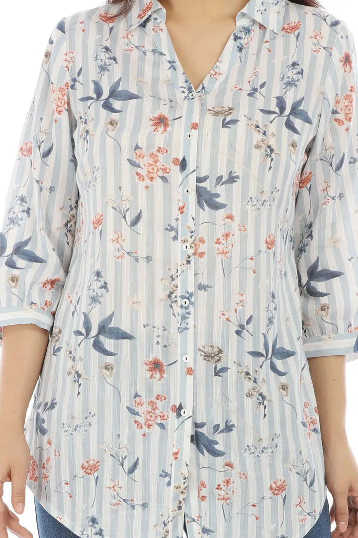 White And Light Grey Striped Printed Viscose Top