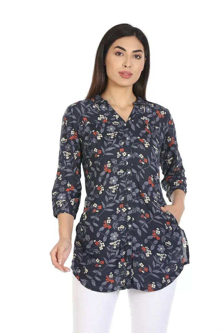 Navy Printed Viscose Top