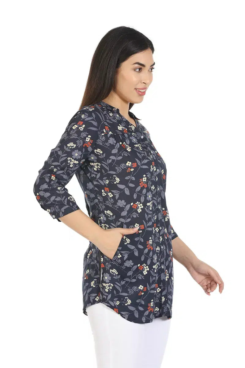 Navy Printed Viscose Top