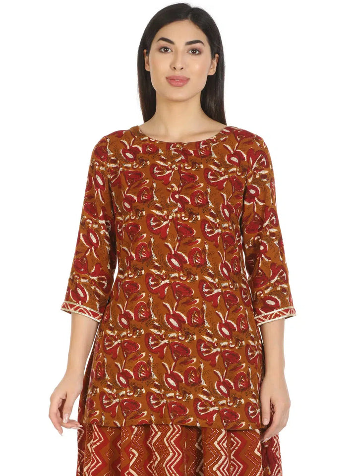 Brown Viscose Printed Tunic