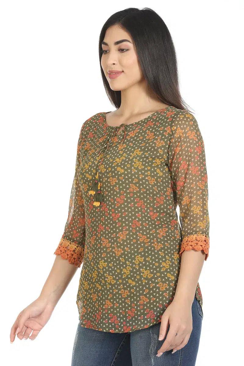 Brown Tile Printed Polyester Top