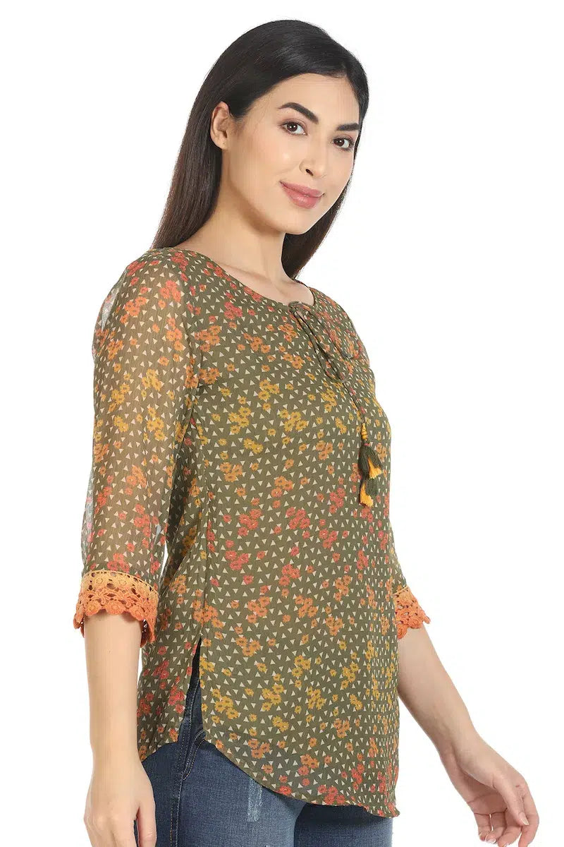Brown Tile Printed Polyester Top