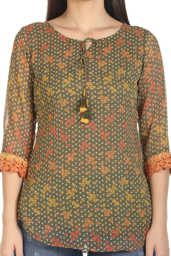 Brown Tile Printed Polyester Top