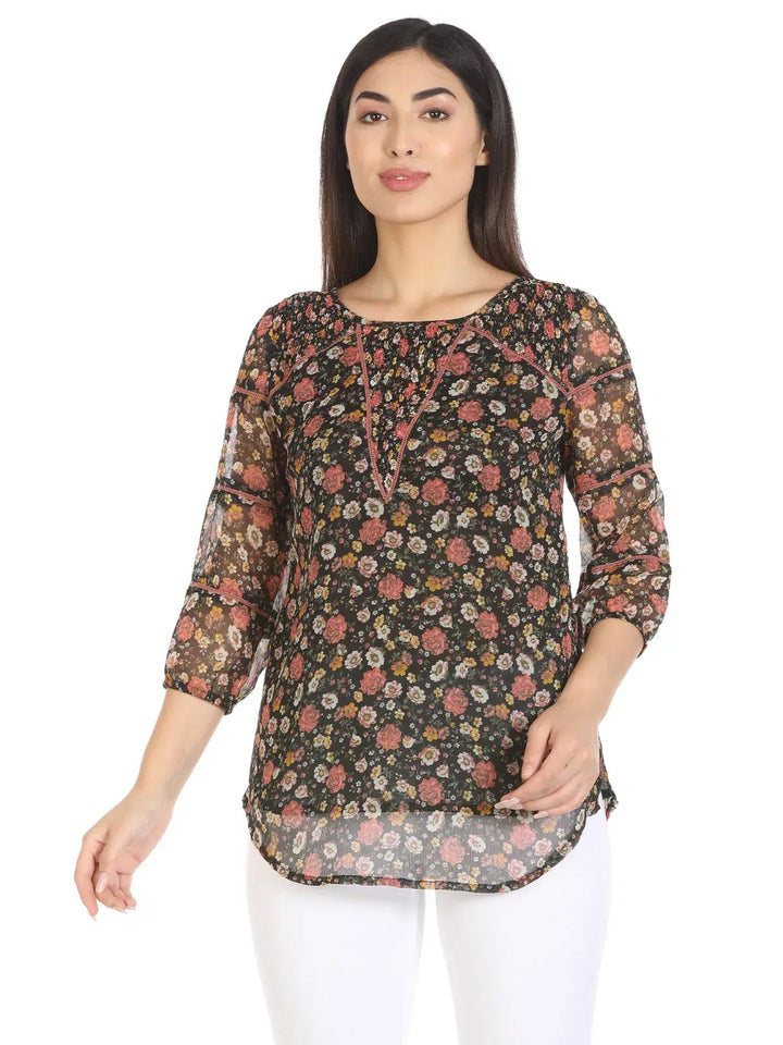 Black Floral Printed Regular Top