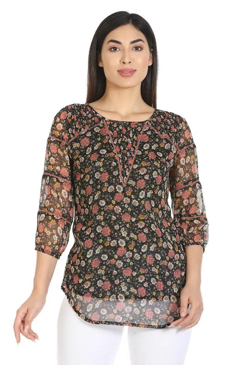 Black Floral Printed Regular Top