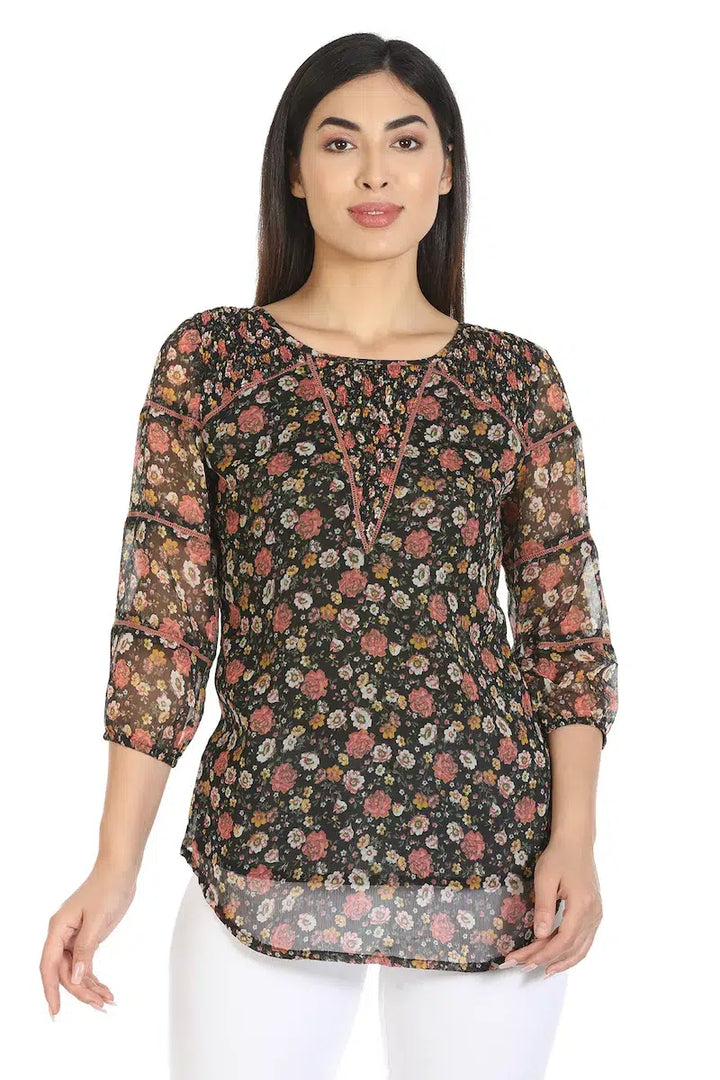 Black Floral Printed Regular Top
