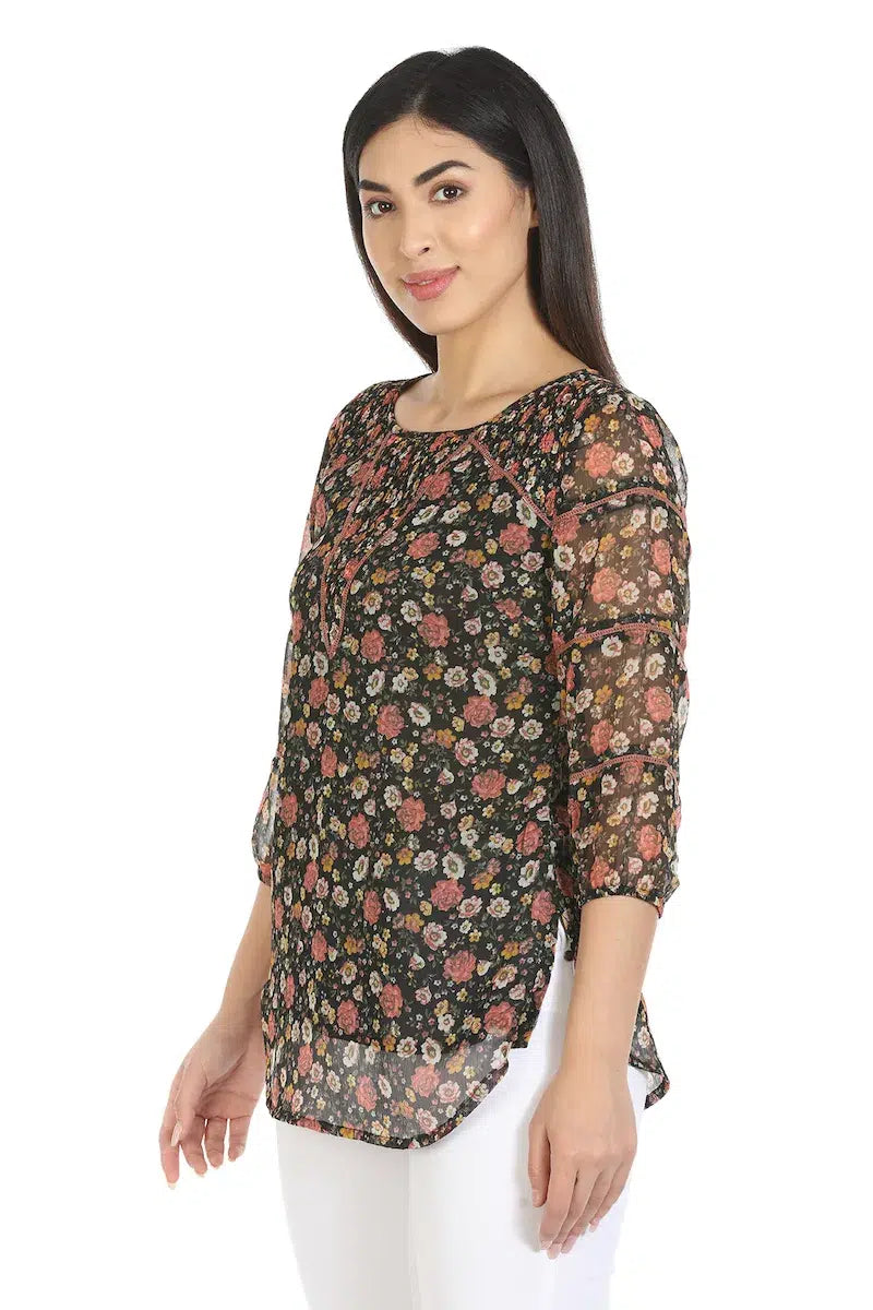 Black Floral Printed Regular Top