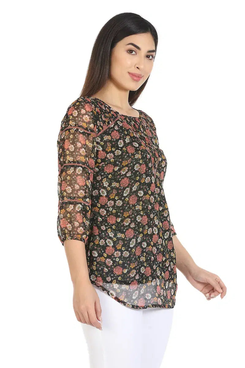 Black Floral Printed Regular Top