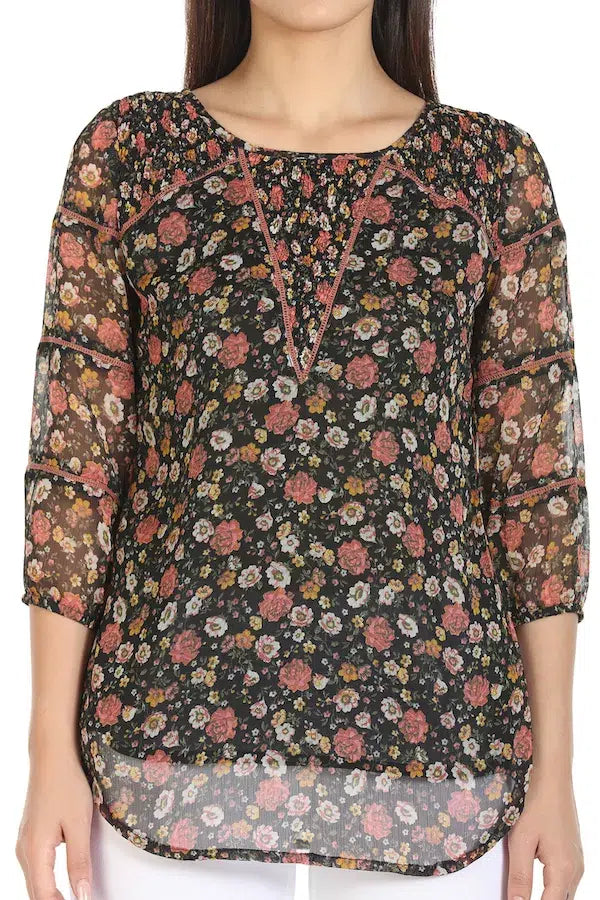 Black Floral Printed Regular Top