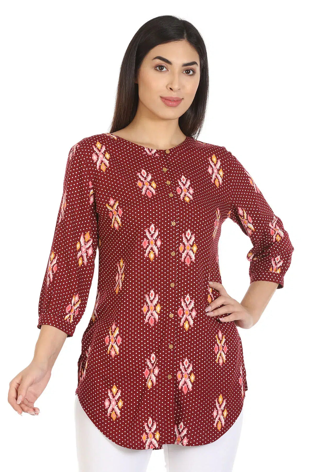 Maroon Viscose Ikkat Printed Shirt
