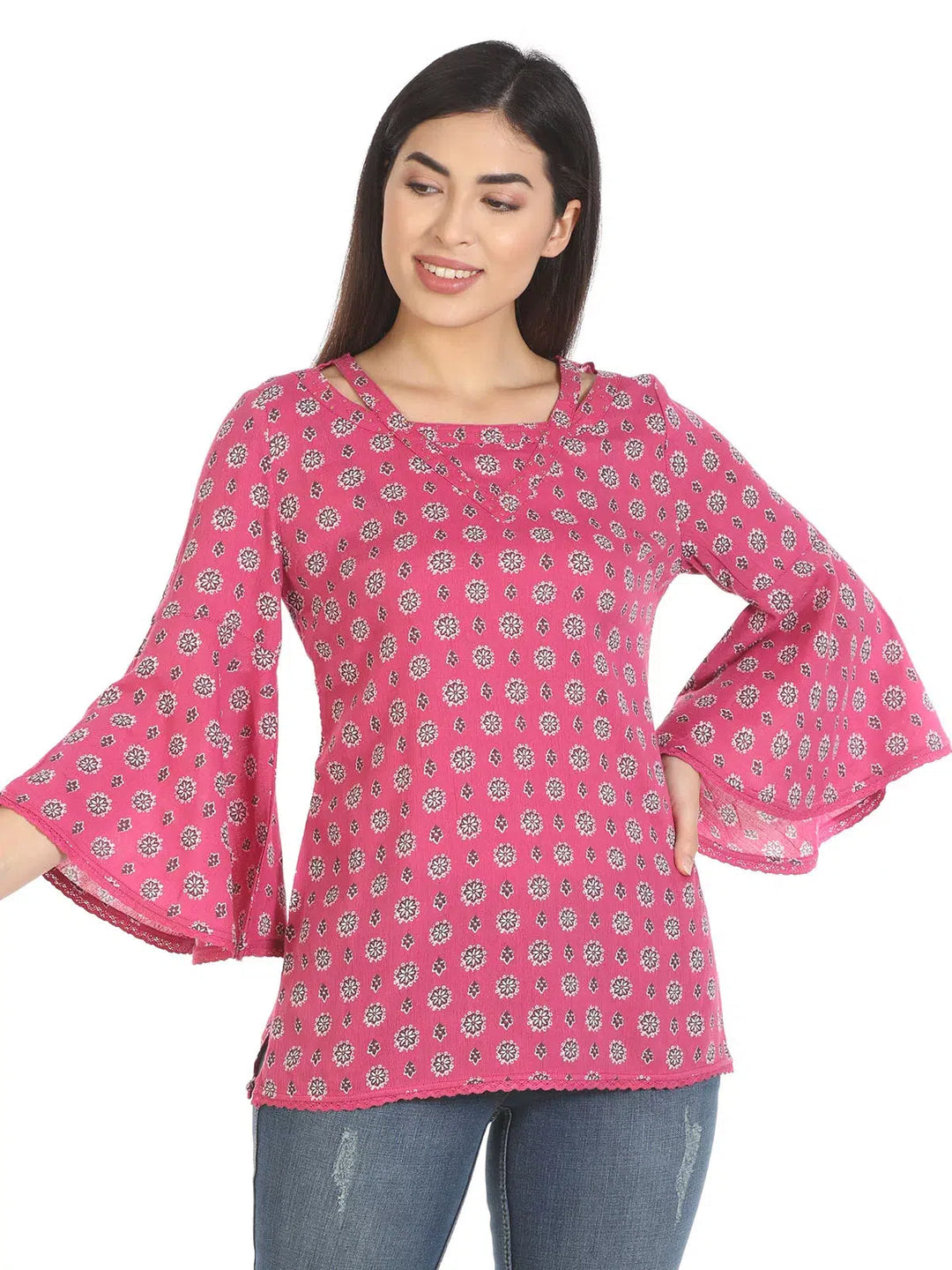 Pink Printed Flared Sleeves Top