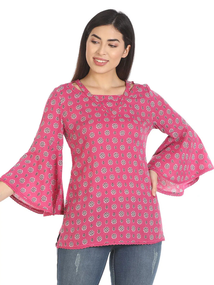 Pink Printed Flared Sleeves Top