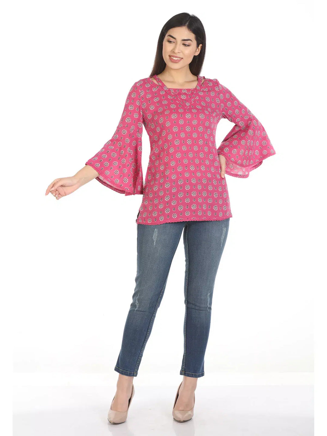 Pink Printed Flared Sleeves Top