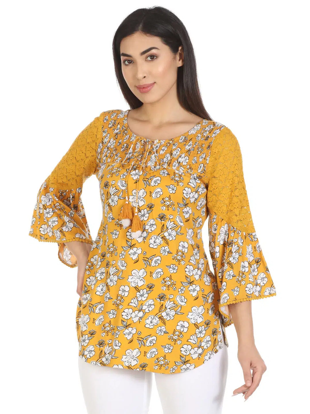 Yellow Viscose Florals Print Top