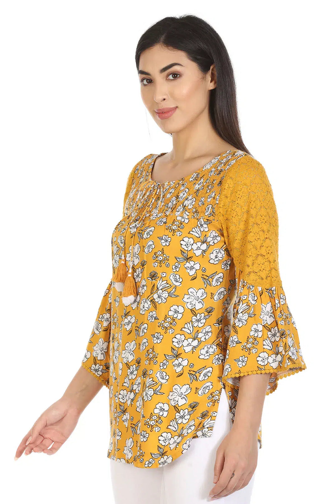 Yellow Viscose Florals Print Top