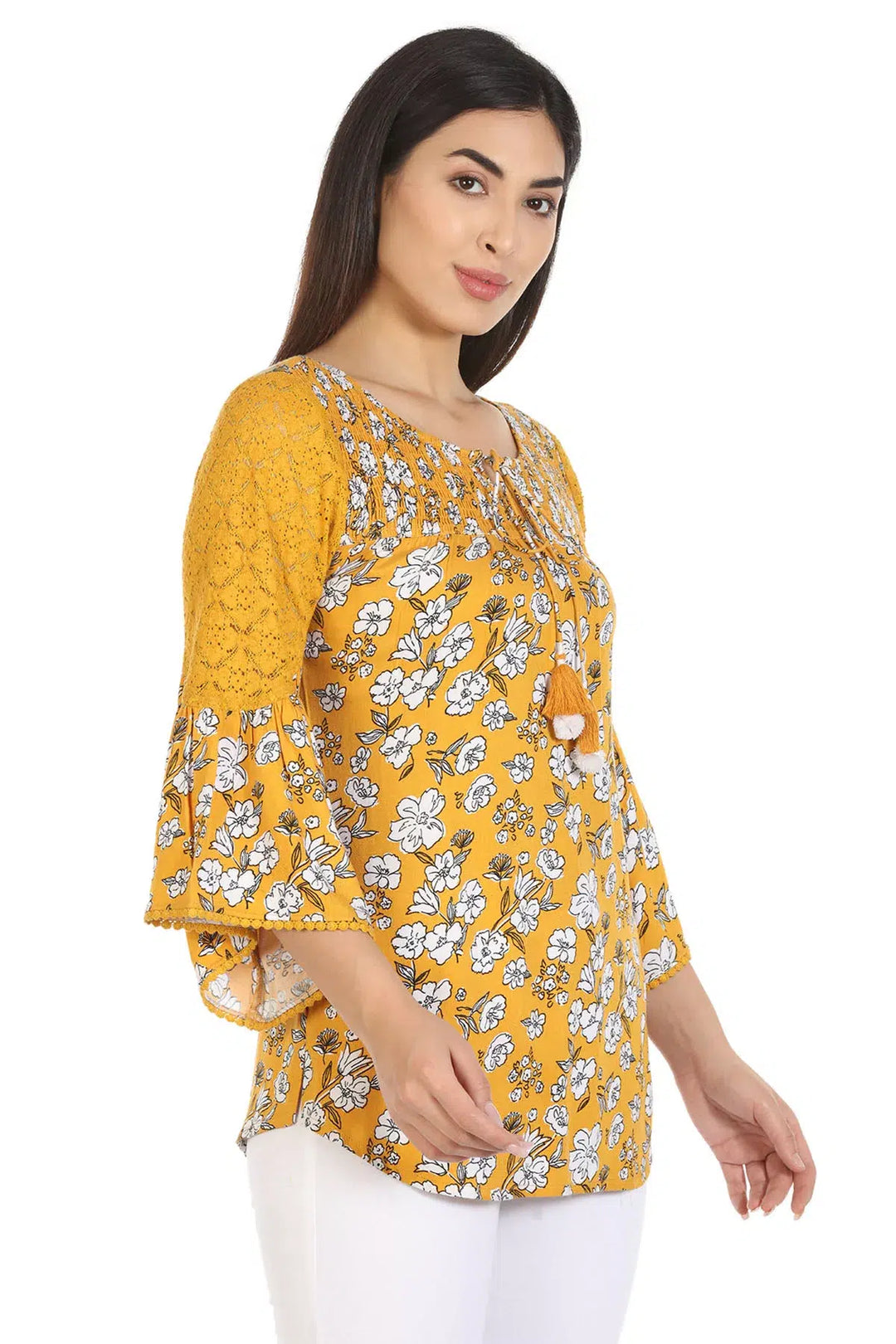 Yellow Viscose Florals Print Top