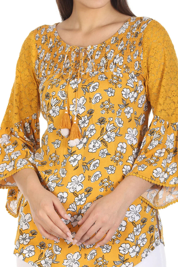 Yellow Viscose Florals Print Top